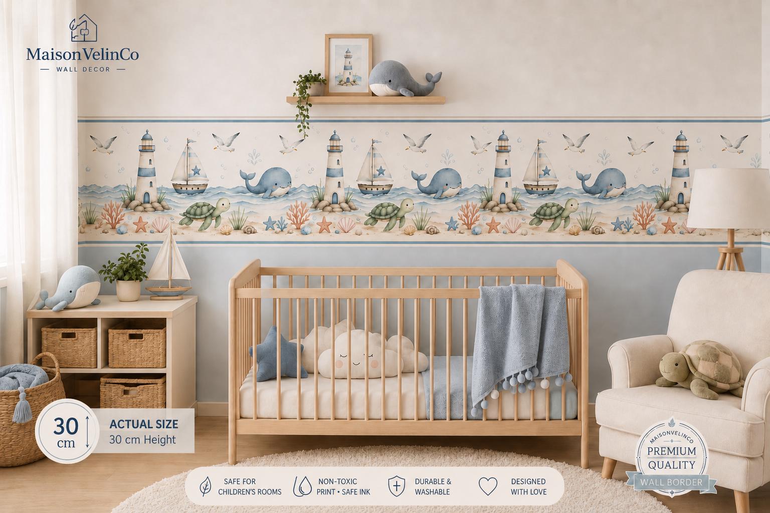 Nautical Nursery Wall Border Sticker, Watercolor Whales, Sailboats, Lighthouses (Peel and Stick)