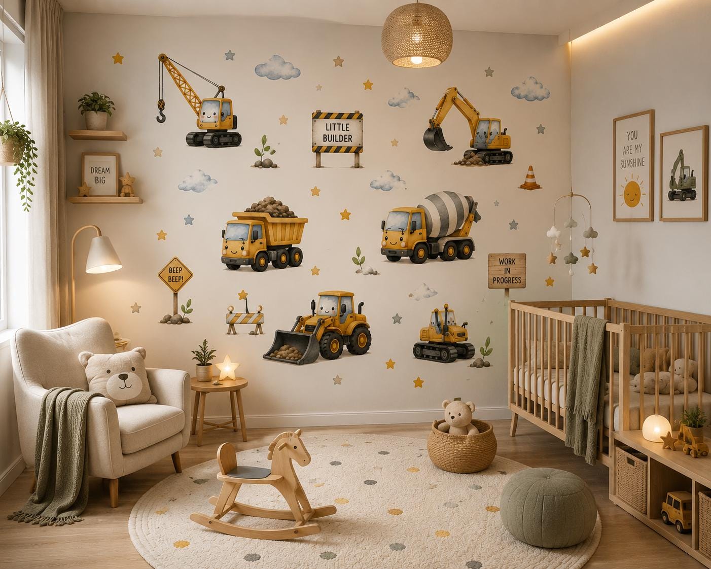 Watercolor Construction Vehicles Wall Decals: Nursery Decor, Kids Room Stickers