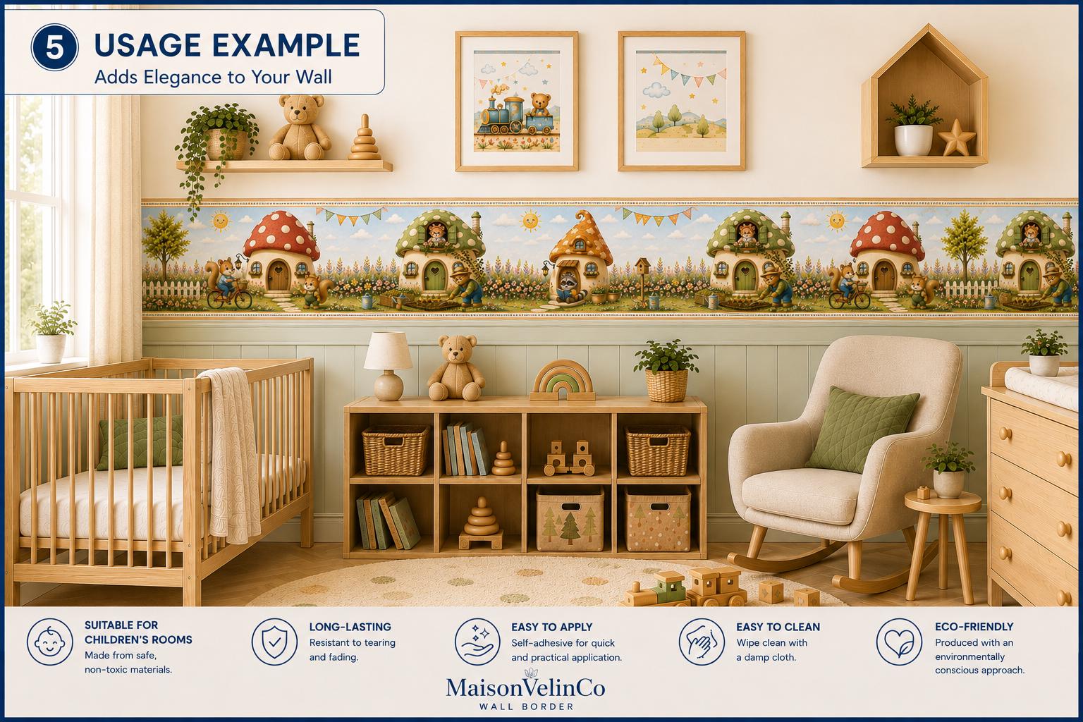 Woodland Mushroom House Wall Border, Cottagecore Nursery Decor (Peel & Stick)