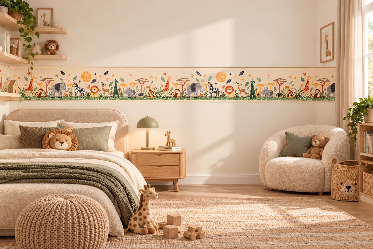 Pastel Safari Wallpaper Border, Peel and Stick Jungle Animals, Boho Nursery Wall Decor, Kids Room Animal Border
