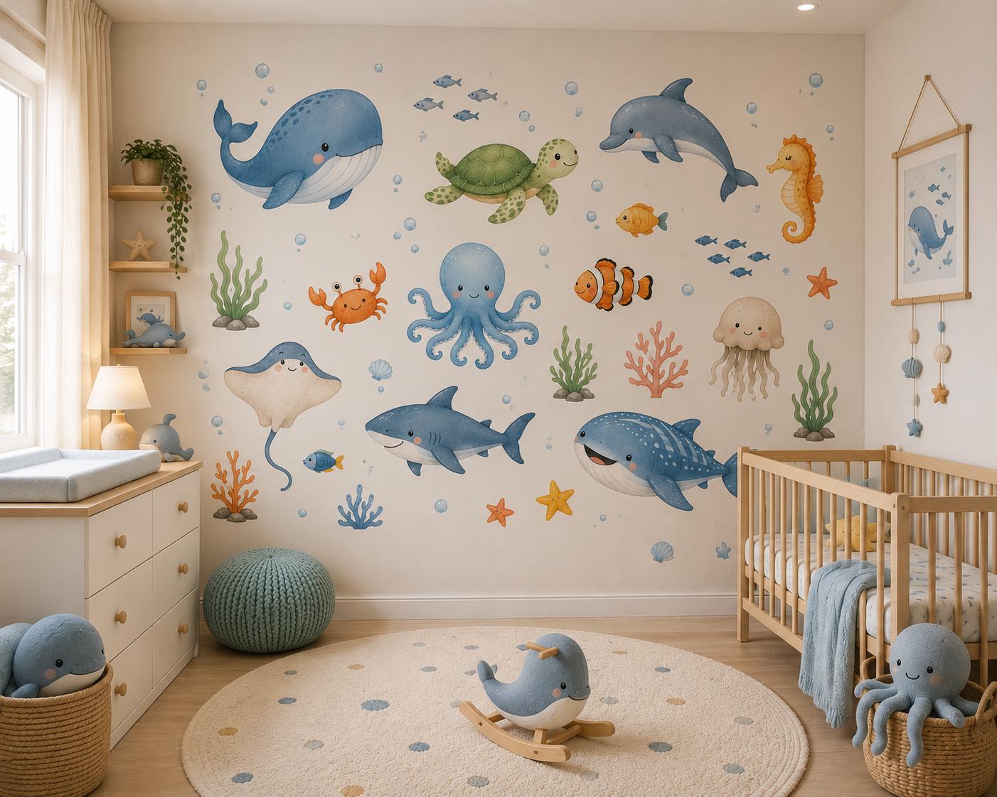 Dive into a magical underwater adventure with this adorable watercolor ocean animal wall decal set.