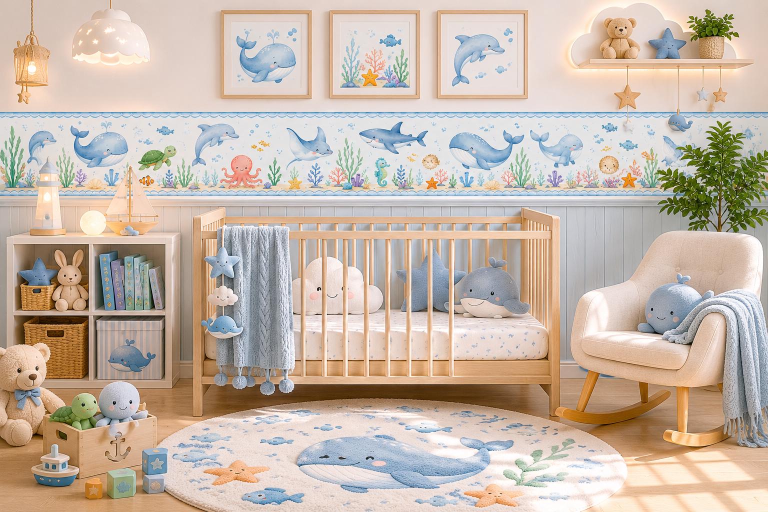 Watercolor Ocean Nursery Wall Border Sticker– Peel and Stick, Removable Wallpaper (3 Options)