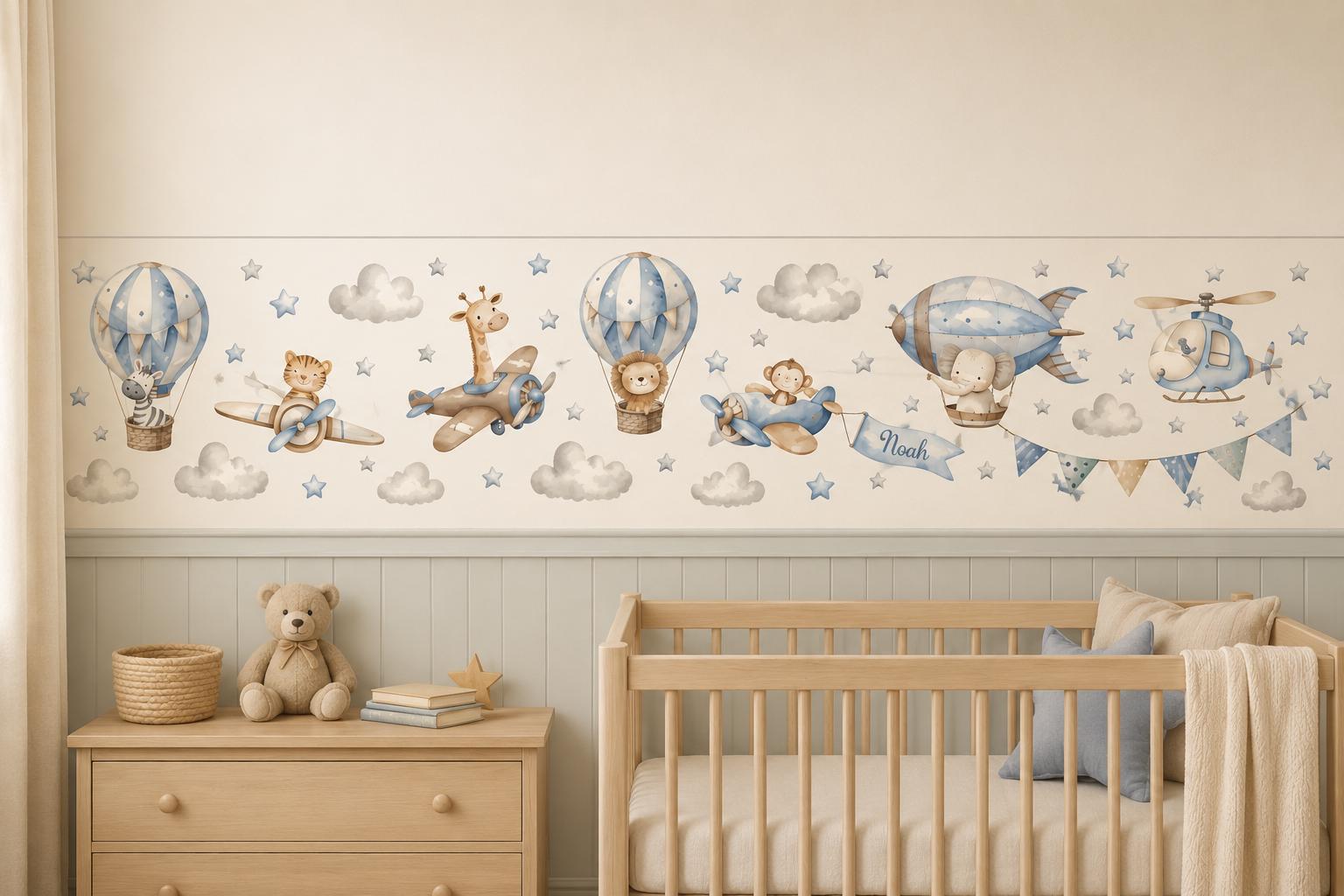 Animal Aviation Nursery Wall Border, Blue or Pink, Peel and Stick