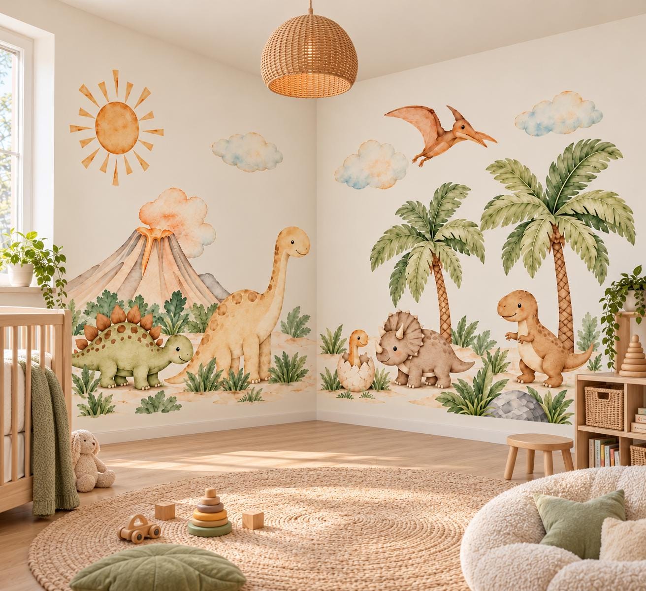 Watercolor Dinosaur Nursery Wall Decals, Neutral Jungle Animals (Peel & Stick)