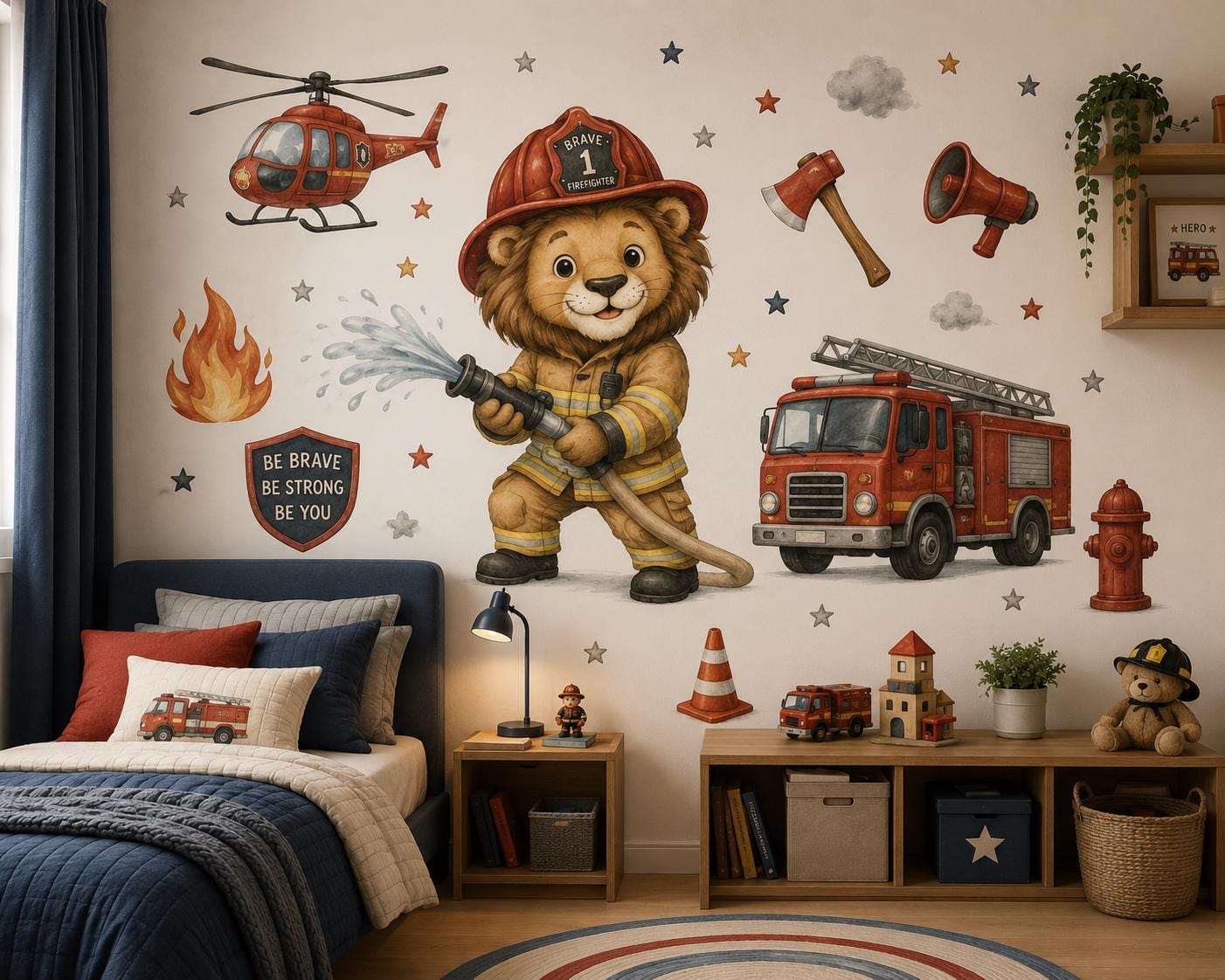 Watercolor Firefighter Lion Nursery Wall Decals, Fire Truck Peel and Stick Decor