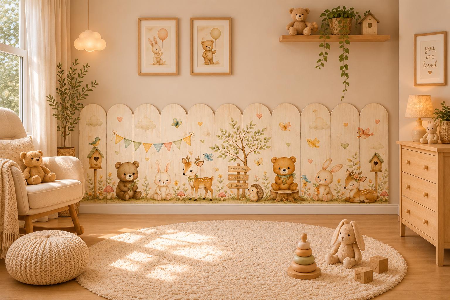 Woodland Fence Wall Mural, Nursery Animals, Self-Adhesive Peel Stick Wallpaper