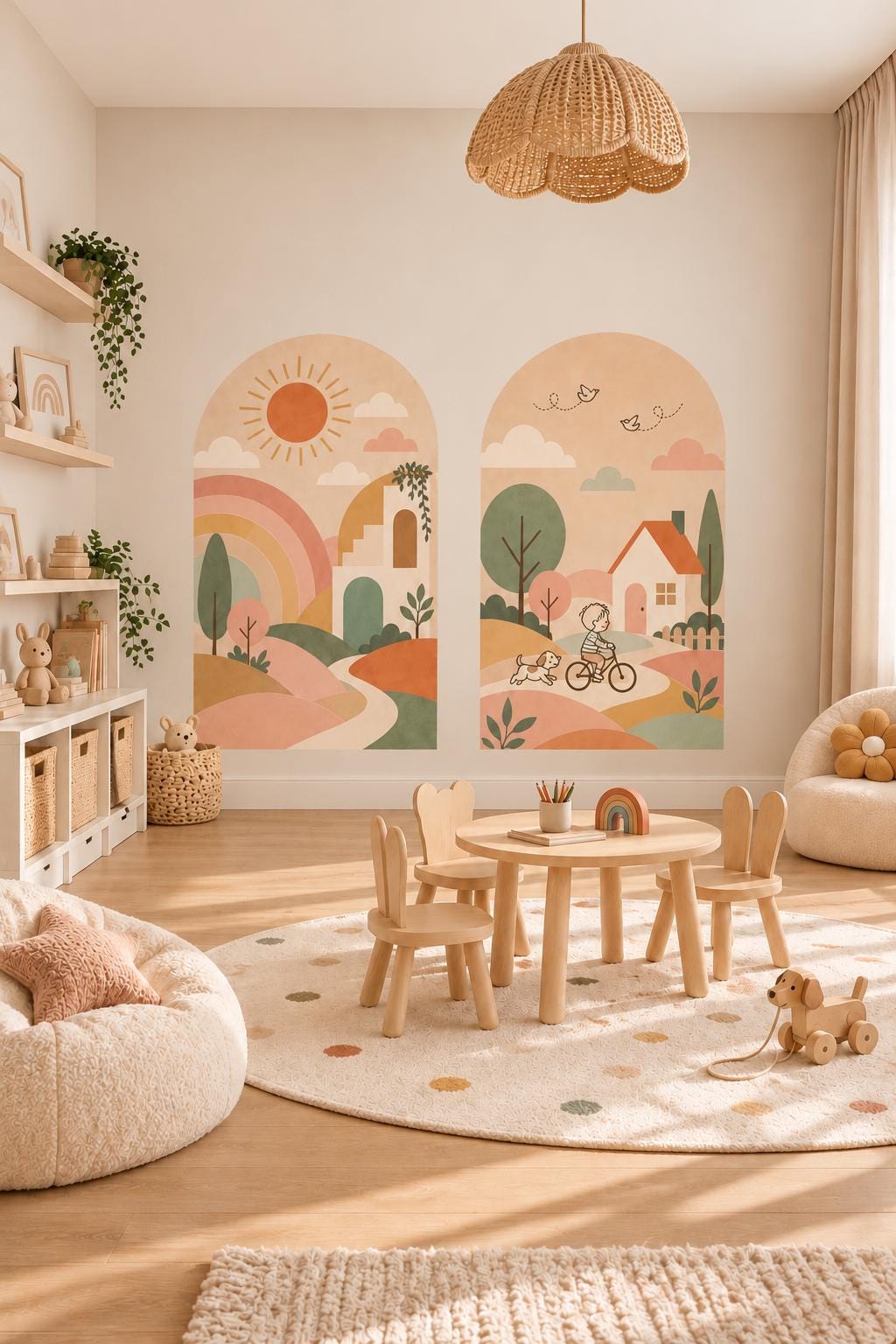 Boho Arch Wall Decals Set of 2, Pastel Landscape Wall Stickers, Rainbow Sun Nursery Decor, Peel and Stick Wall Art, Kids Room Decor