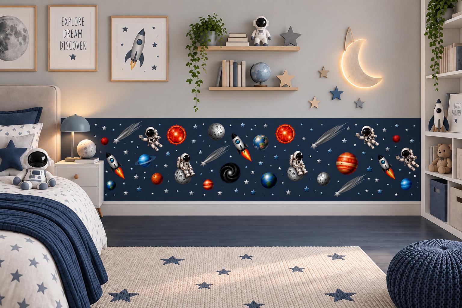 Space Wall Border Wallpaper, Astronauts, Planets, Rockets (Peel and Stick)