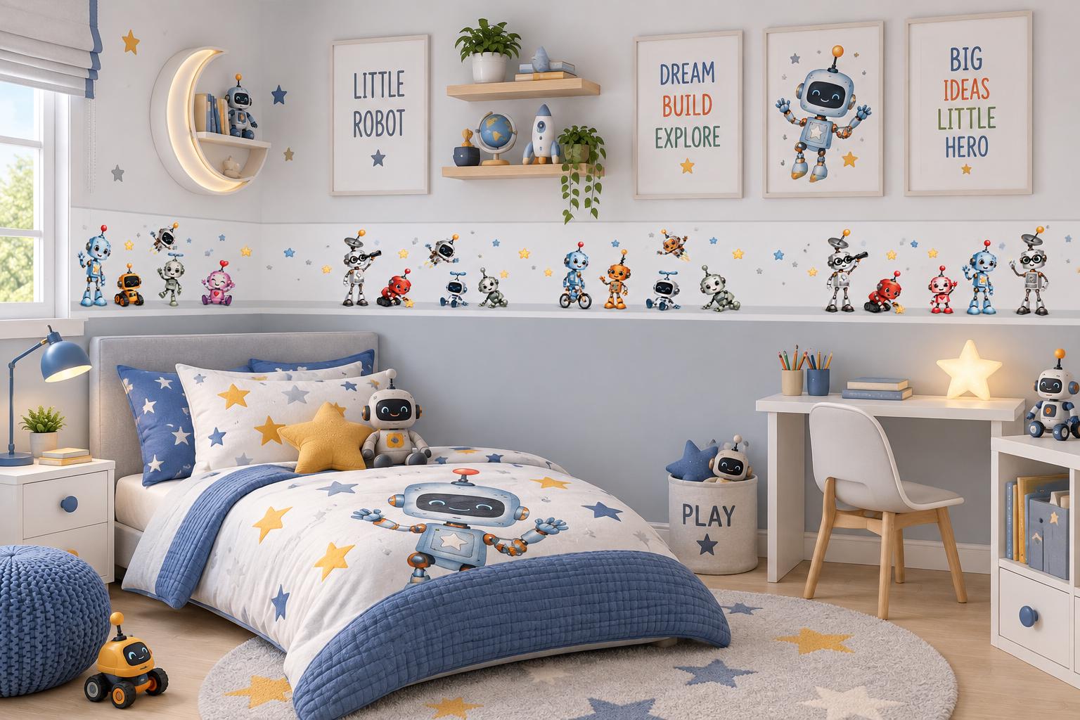 Robot Wall Border Decal, Colorful Kids Room Sticker, Peel and Stick Nursery Decor