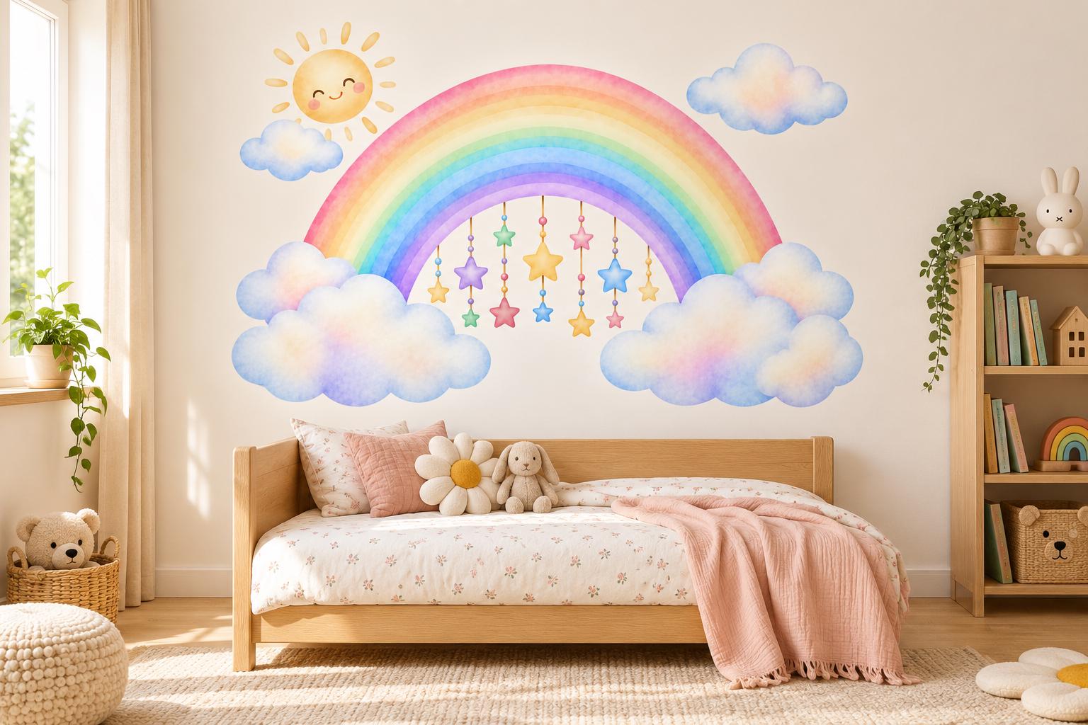 Pastel Rainbow Wall Sticker Set, Watercolor Clouds, Stars, Hearts, Boho Kids Room Decor
