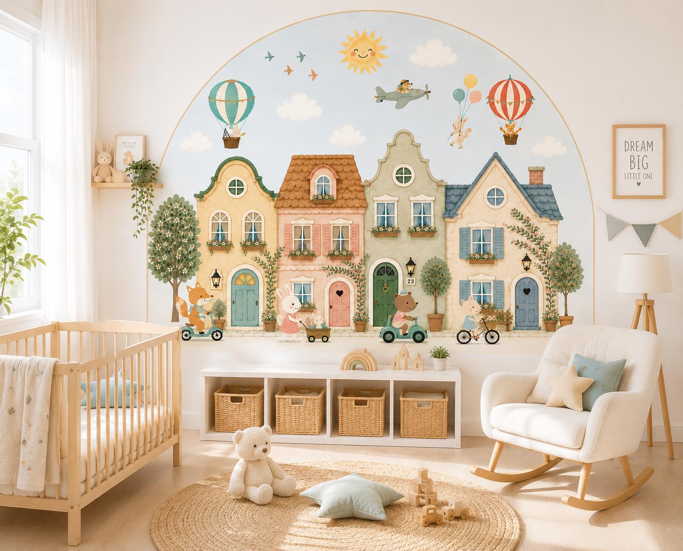Pastel Village Wall Decal, Storybook Houses, Hot Air Balloon Nursery Decor