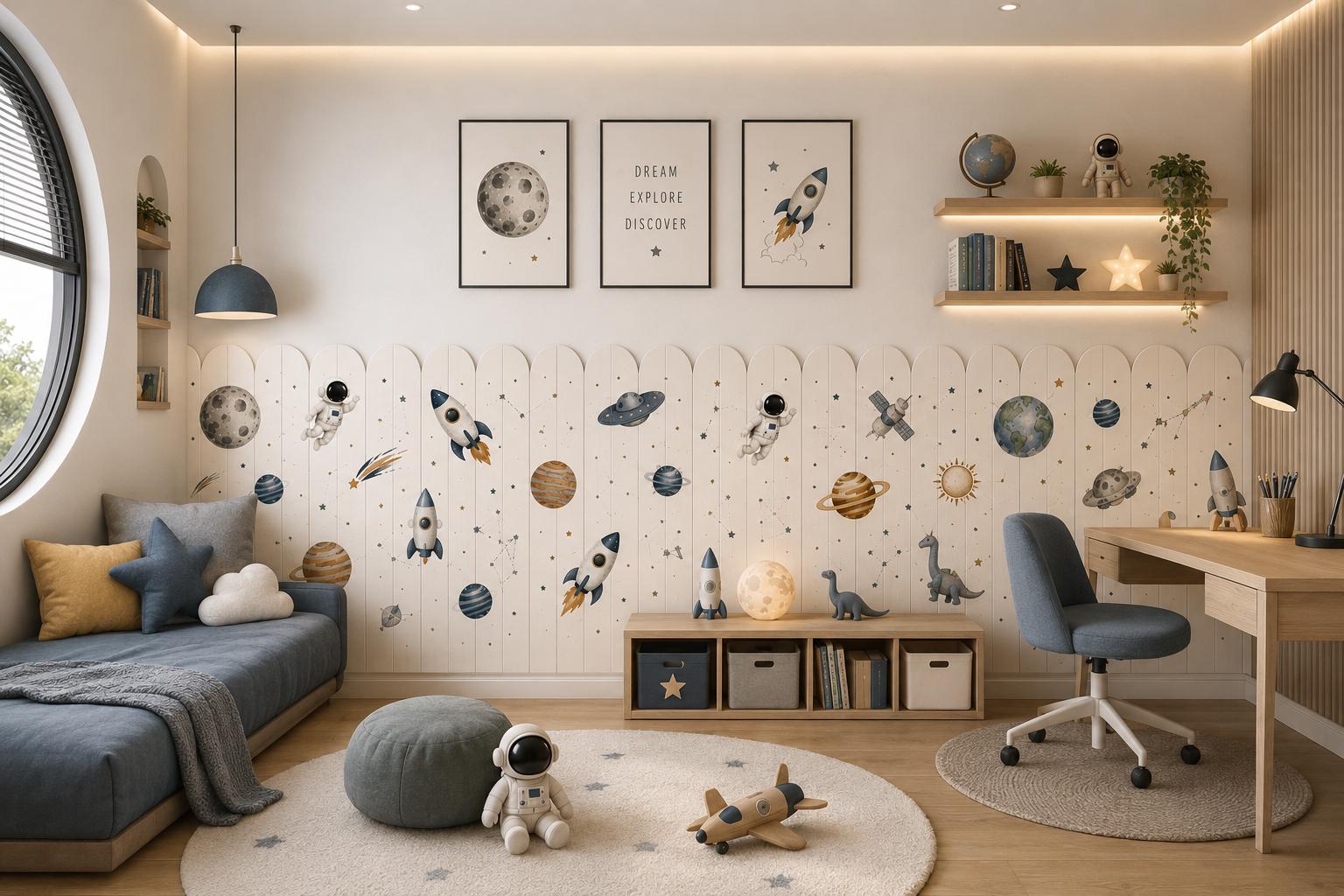 Space Astronaut Rocket Wall Mural, Wooden Fence Effect Peel Stick Wallpaper