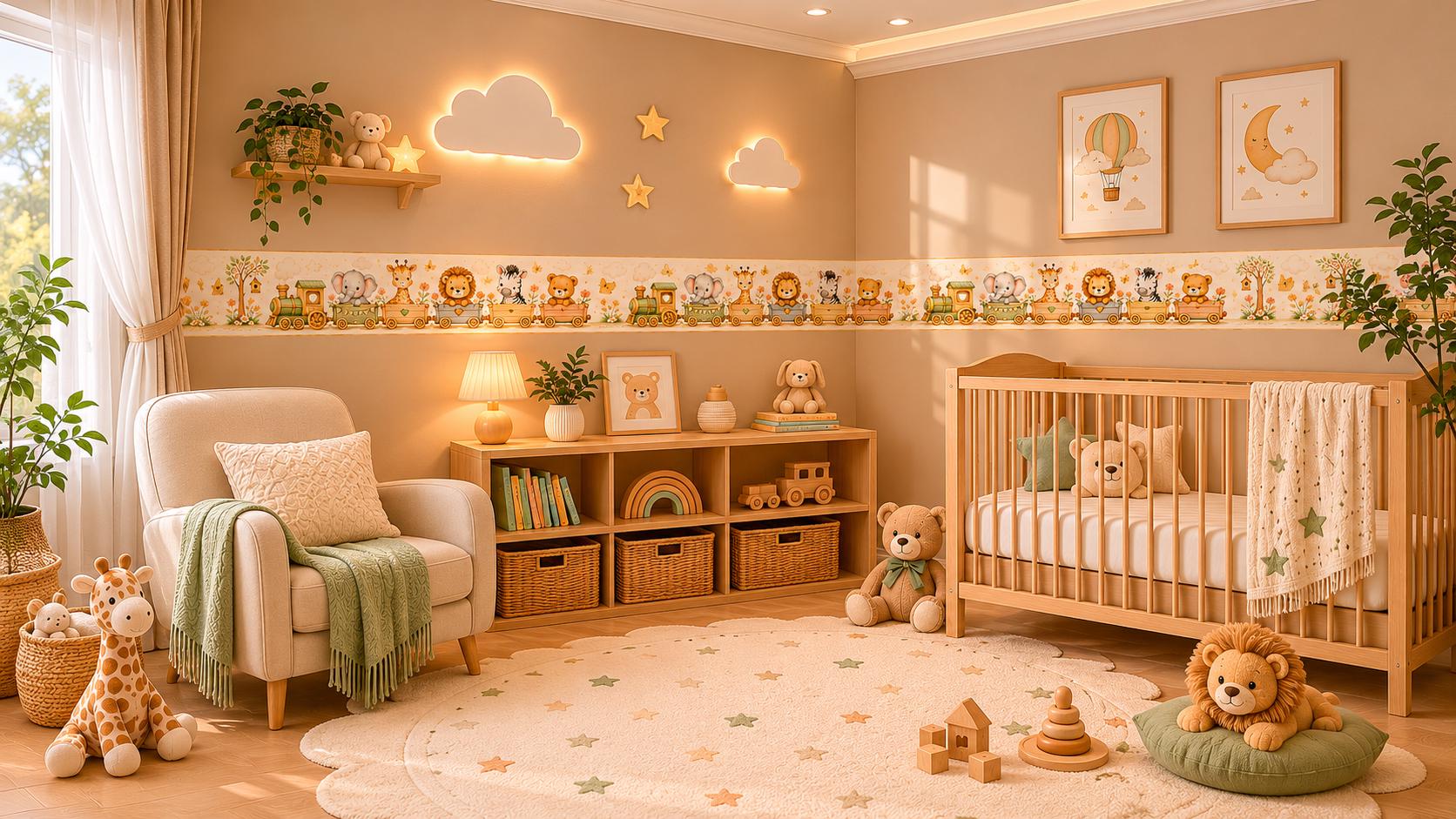 Animal Train Wall Border Sticker – Watercolor Safari Animals Nursery Wallpaper (Peel and Stick)