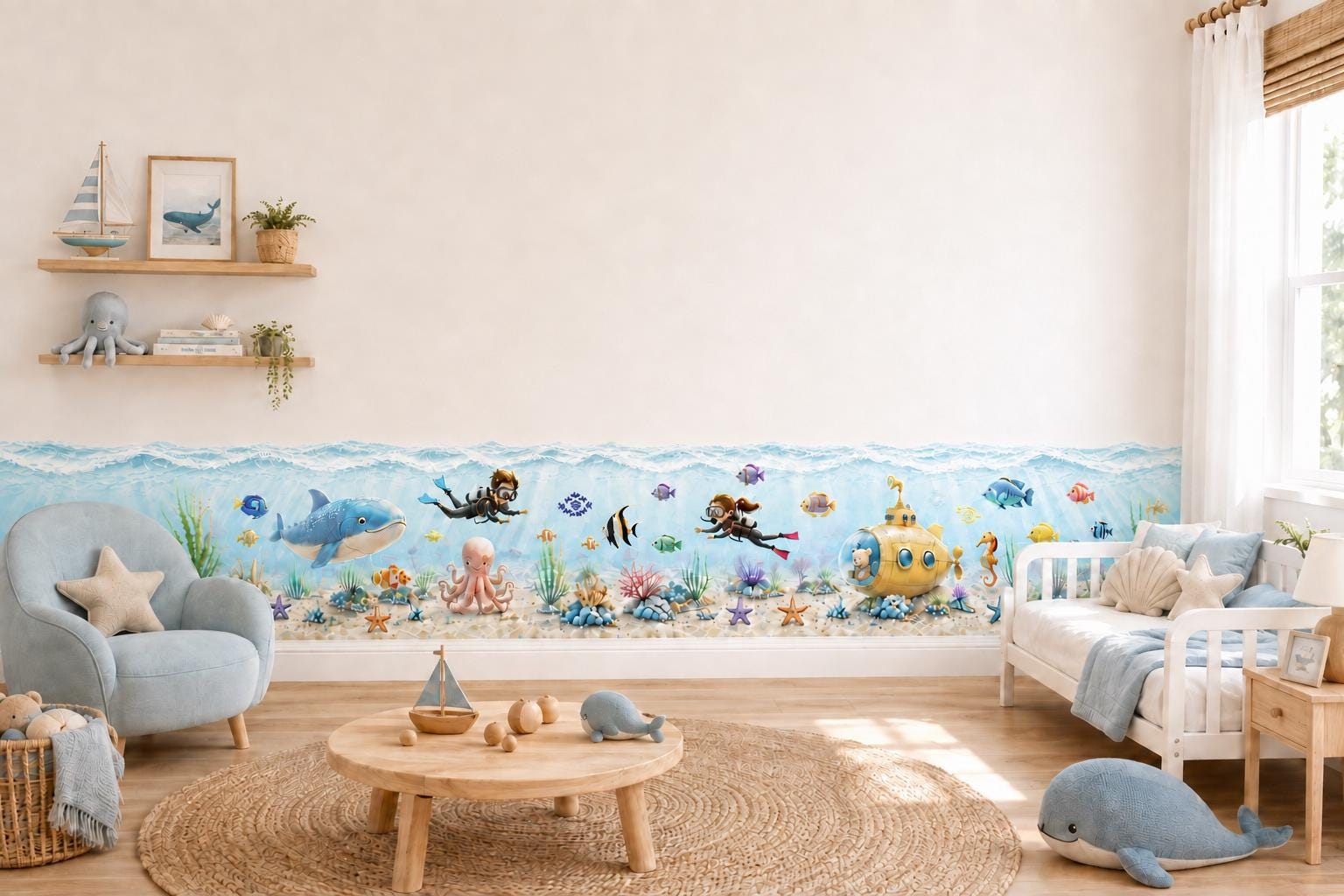 Underwater Ocean Wall Border, Sea Animals, Divers, Submarine, Kids Room Decor (Peel and Stick)