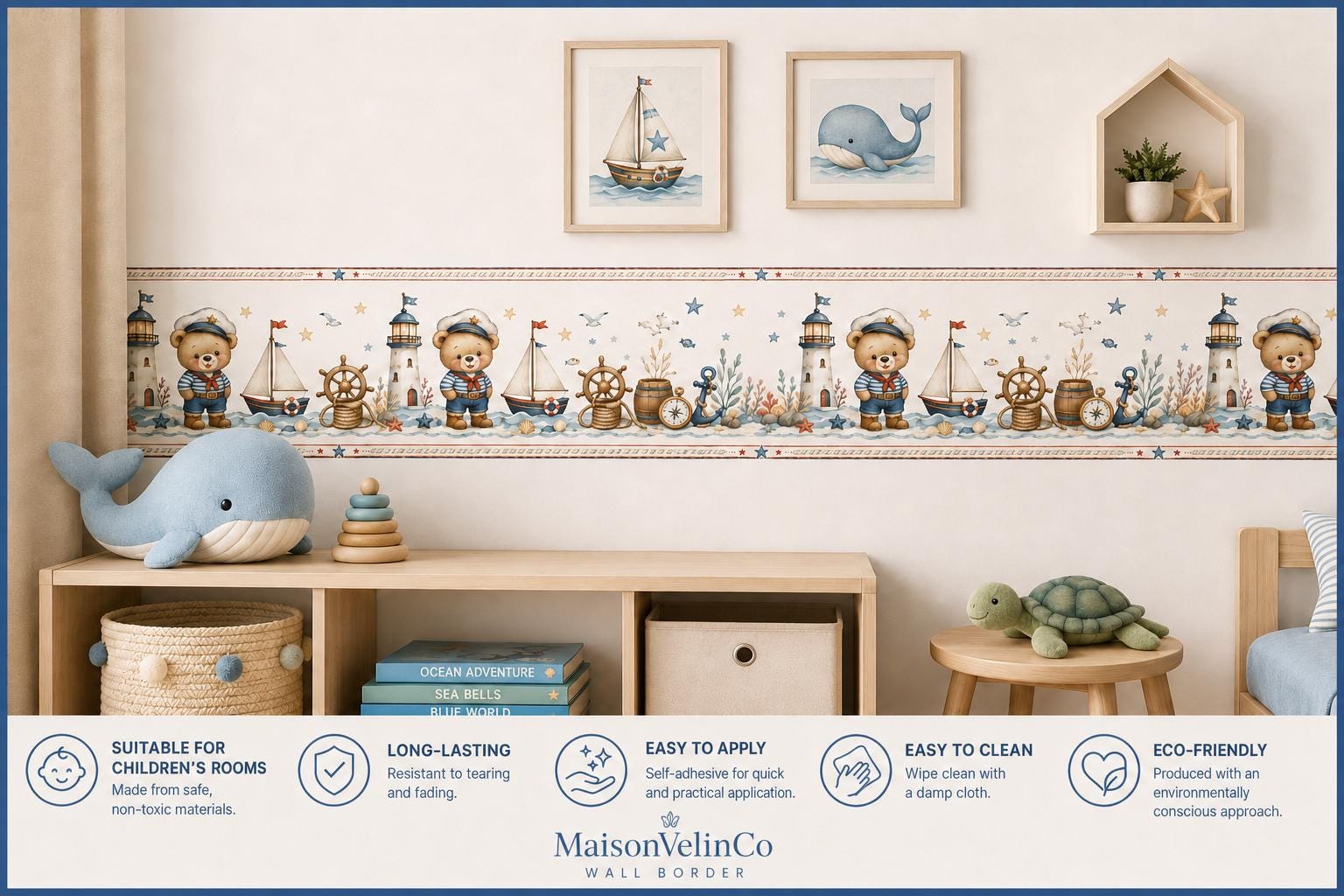 Nautical Sailor Teddy Bear Wall Border Sticker, Ocean Theme Nursery Wallpaper, Kids Room Decor